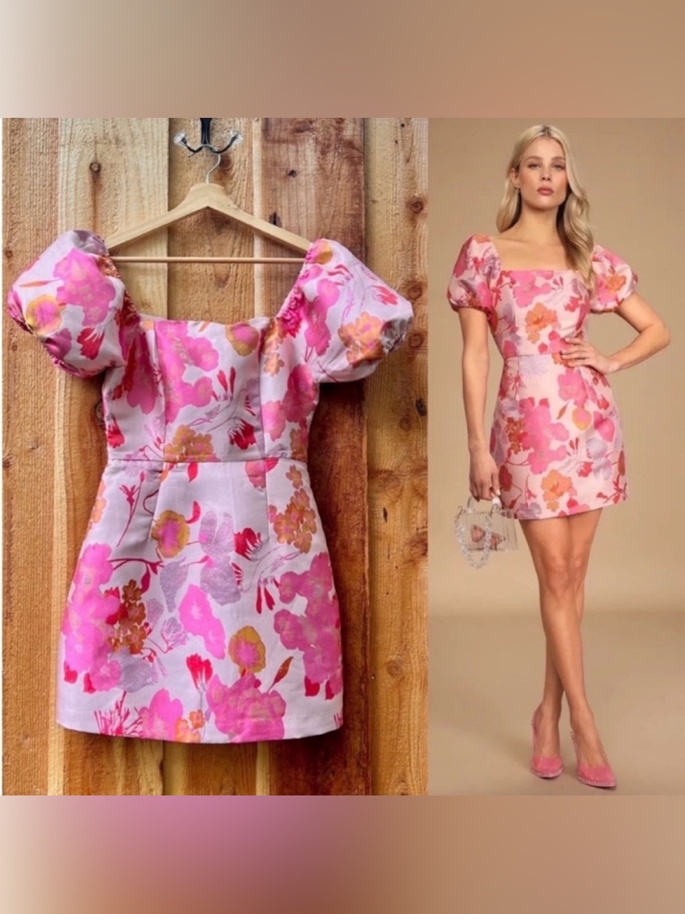 So Stunning Light Pink Floral Jacquard Puff Sleeve Mini Dress size Small